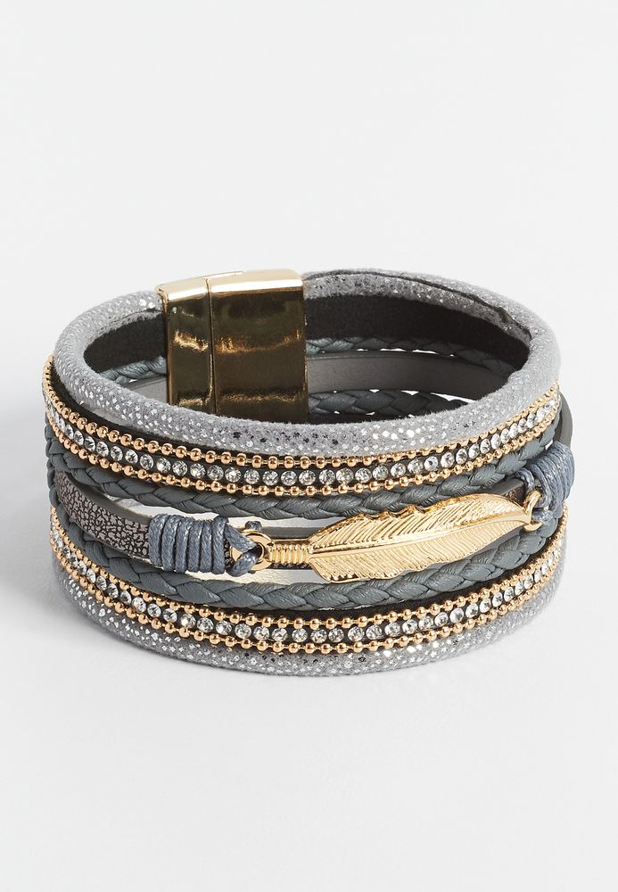 Gray Multi Row Feather Magnetic Bracelet