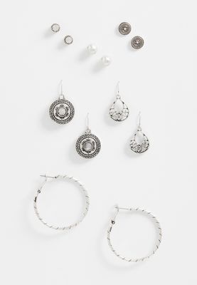 6 Pack Silver Mix Earring Set