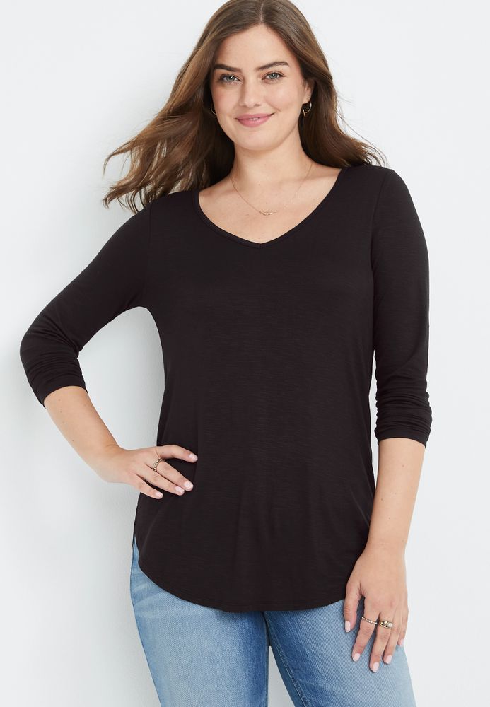 24/7 Flawless Solid Long Sleeve V Neck Tunic Tee