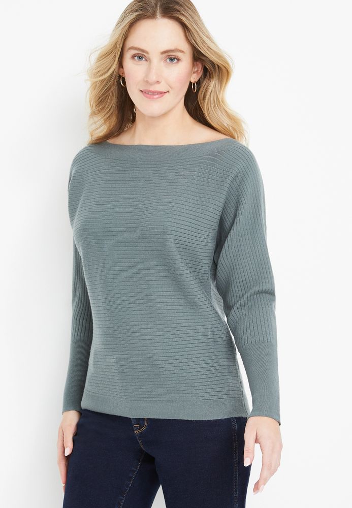 Solid Ribbed Wide Neck Sweater