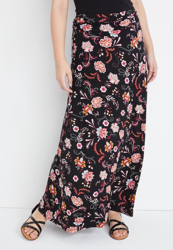 Black Floral High Rise Maxi Skirt