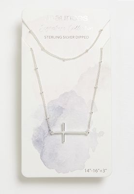 Sterling Silver Plated Double Cross Necklace Set