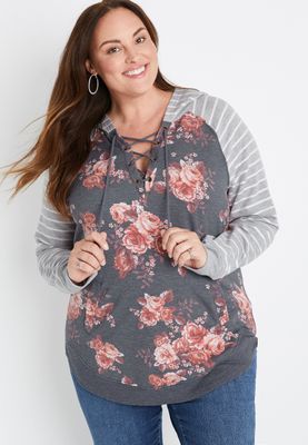 Plus Gray Floral Lace Up Harmony Hoodie