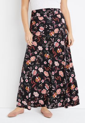 Plus Black Floral High Rise Maxi Skirt
