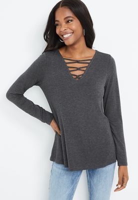 Solid Strappy Neck Long Sleeve Tee