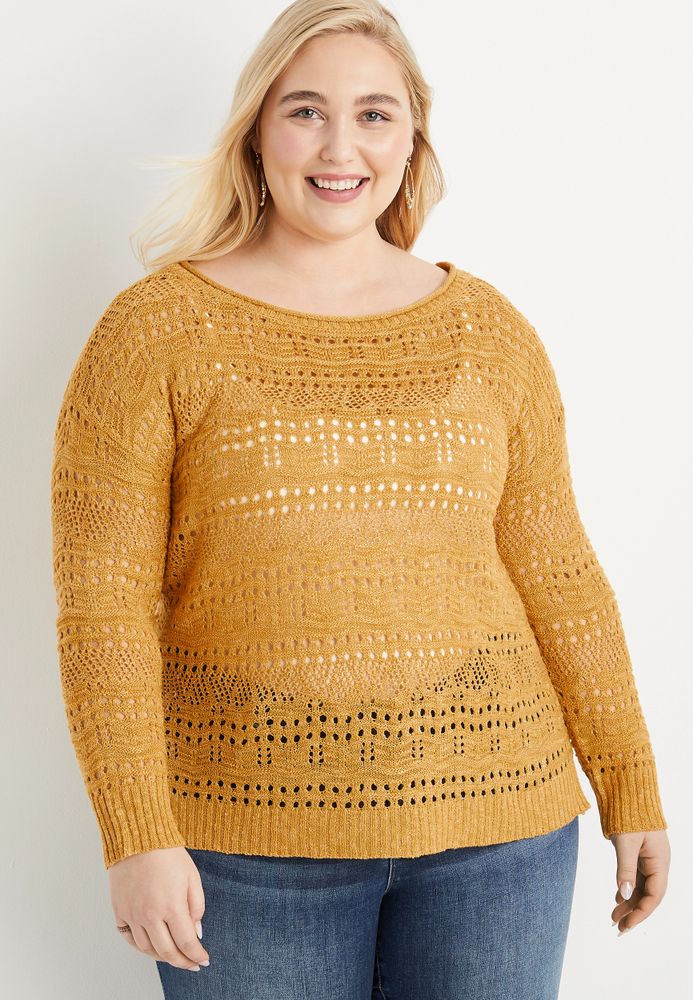 Plus Solid Open Stitch Boat Neck Sweater