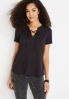 Solid Ribbed Lace Up Crossroads Tee