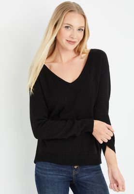 Solid V Neck Lace Back Sweater