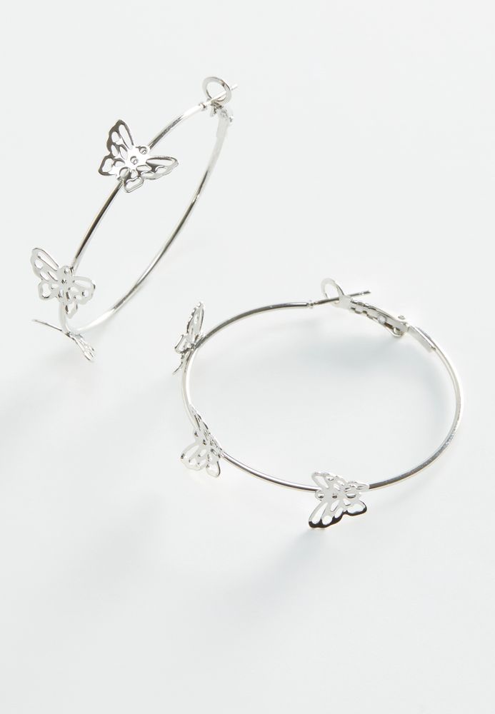 Silver Butterfly Hoop Earrings