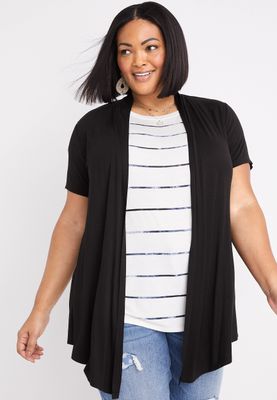 Plus Solid Open Front Short Sleeve Cardigan