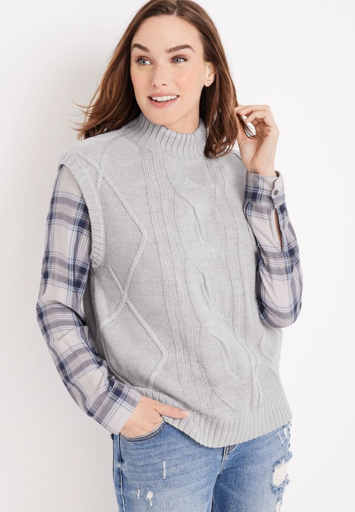 Mock Neck Cable Knit Sweater Vest