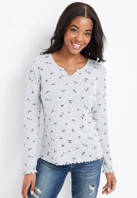 Holly Berry Holiday Notch Neck Long Sleeve Tee