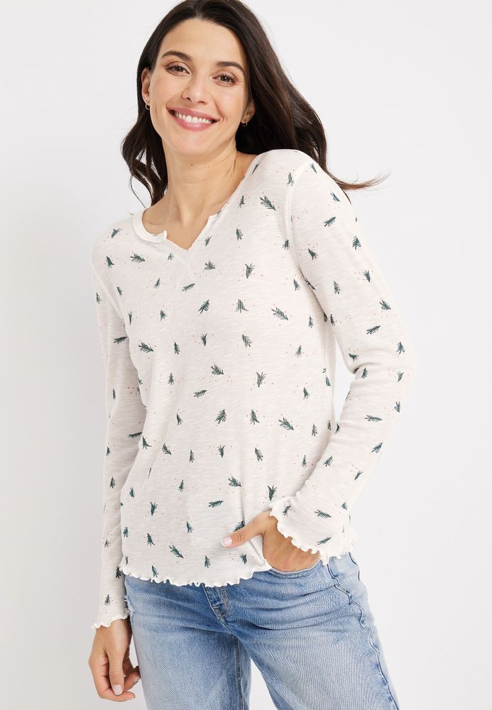 Christmas Tree Notch Neck Long Sleeve Tee