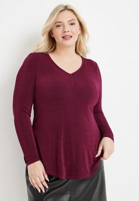 Plus Slinky Shirred Tunic V Neck Blouse