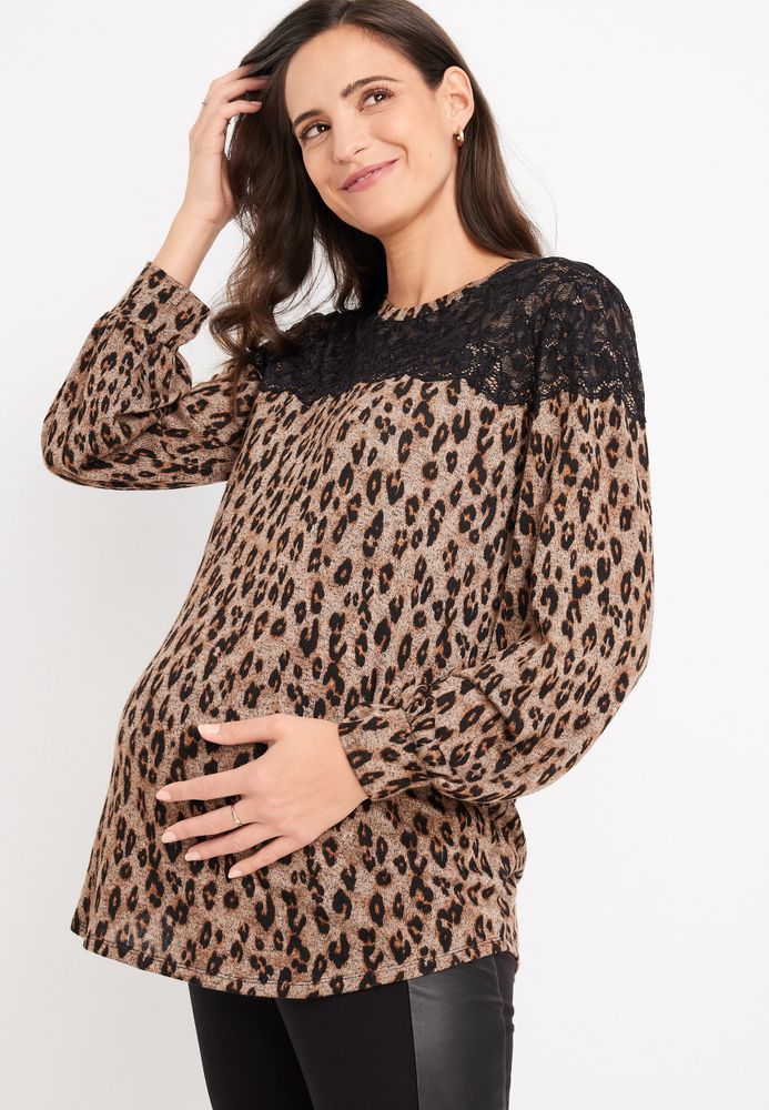 Lace Trim Leopard Maternity Blouse