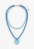 Girls Blue Beaded Heart Charm Layered Necklace