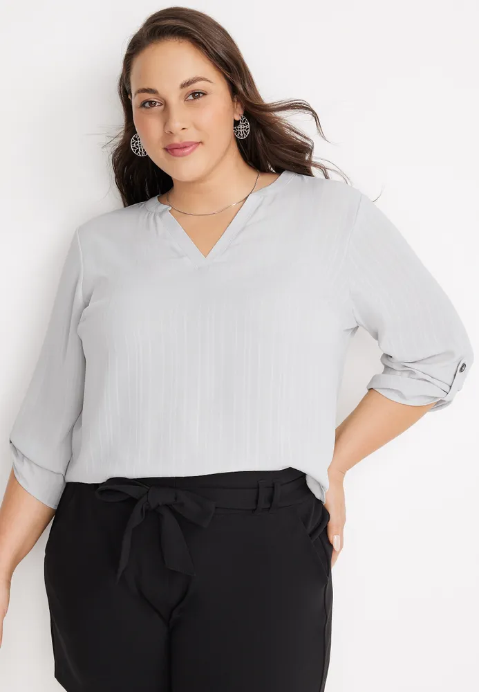 Plus Atwood Textured 3/4 Sleeve Popover Blouse