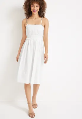 White Smocked Waist Midi Dress