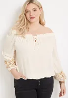Plus Embroidered Floral Cuff Off The Shoulder Blouse