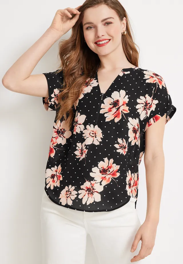 Maurices Geneva Floral Dot Zipper Neck Blouse