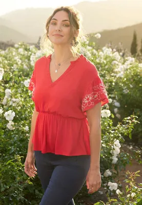 Floral Embroidered Trim Peplum Top