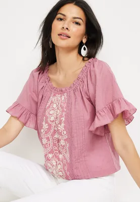 Embroidered Floral Bubble Hem Blouse