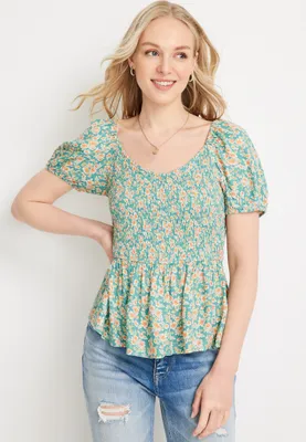 Floral Smocked Bubble Sleeve Blouse