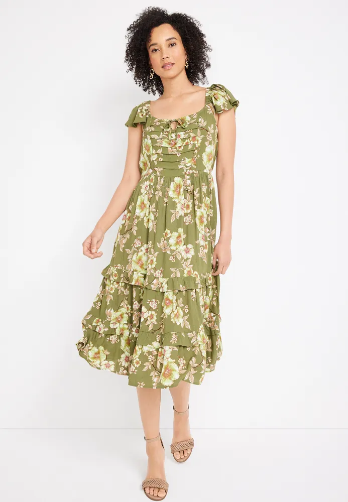Green Floral Pintuck Midi Dress