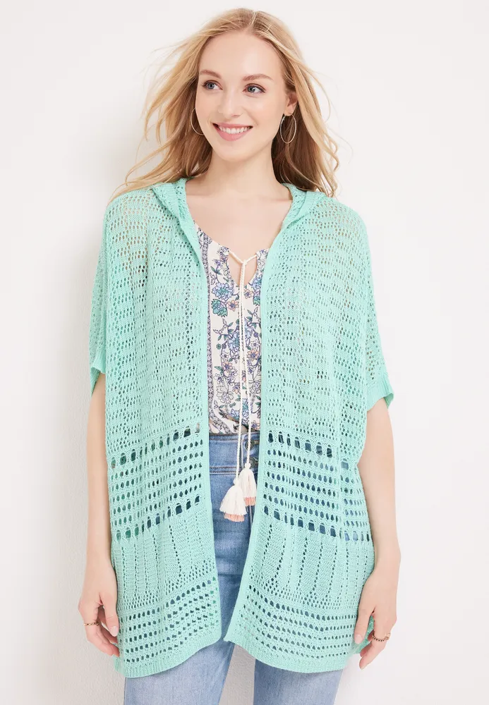 Pointelle Open Front Hooded Cardigan