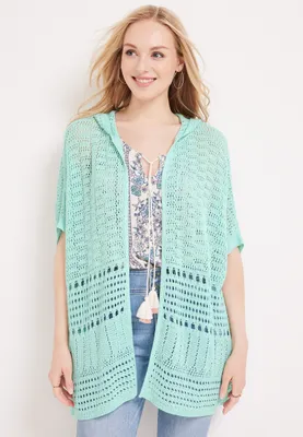 Pointelle Open Front Hooded Cardigan