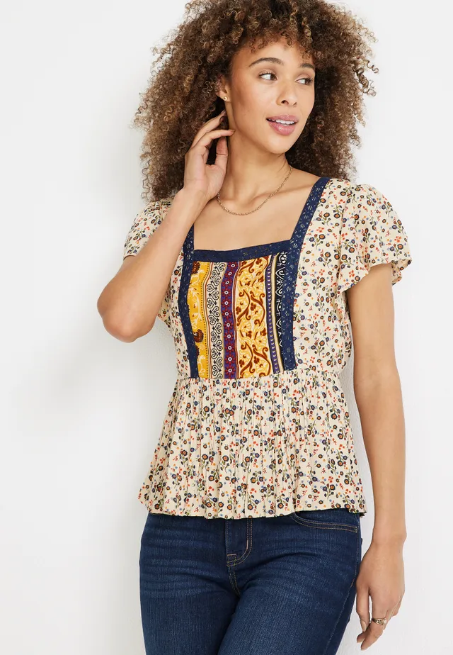 Elbow Sleeve Top - Embroidered Floral