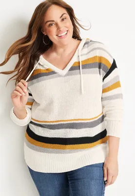 Plus Size Striped Hooded Sweater