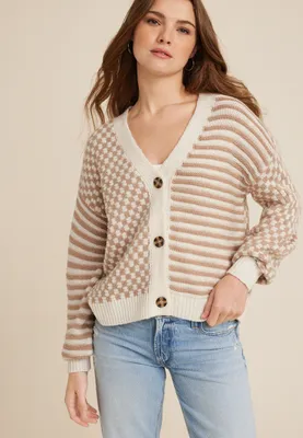 Checkered Striped Mix Button Down Cardigan