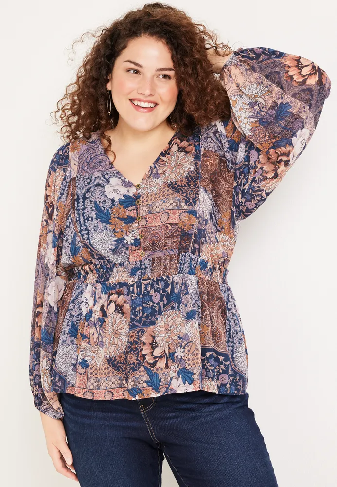 Maurices Plus Patchwork Babydoll Blouse