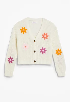 Girls Floral Embroidered Button Down Cardigan