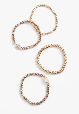 4 Piece Pink and Gold Beaded Stretch Bracelet Set