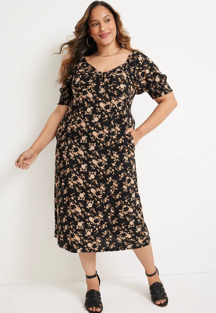 Plus Size Floral Puff Sleeve Midi Dress