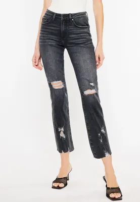 KanCan™ Charcoal Ankle Straight Mid Rise Ripped Jean