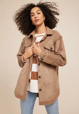 Teddy Lined Faux Suede Button Jacket