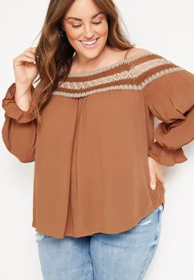Plus Crochet Embroidered Cold Shoulder Top