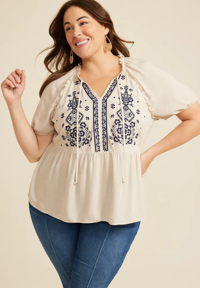 Maurices Plus Embroidered Peplum Top