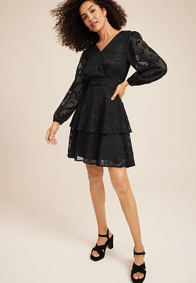 Jacquard Tiered Long Sleeve Skater Dress