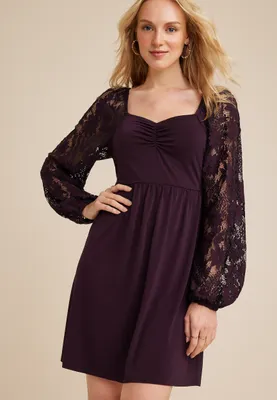 Cinched Bodice Lace Sleeve Mini Dress