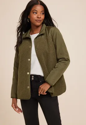 Olive Sherpa Quilted Mix Media Jacket