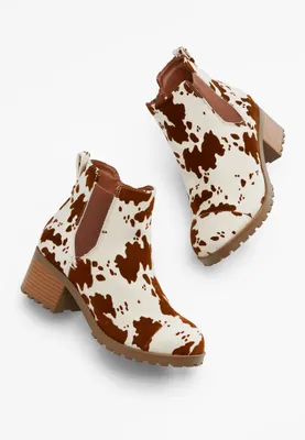 Girls Cow Print Heeled Ankle Boot