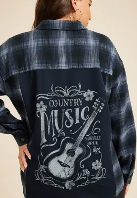 Plus Size Plaid Country Music Graphic Back Boyfriend Tunic Shirt