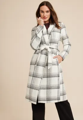 Gray Plaid Wrap Longline Coat