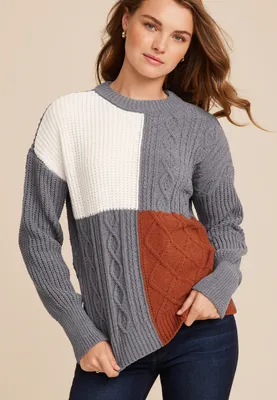Colorblock Cable Knit Crew Neck Sweater