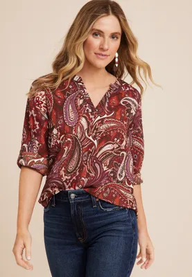 Atwood Paisley 3/4 Sleeve Popover Blouse