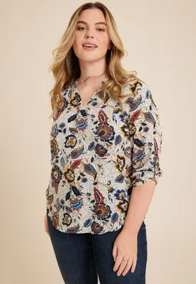 Plus Atwood Paisley Floral 3/4 Sleeve Popover Blouse